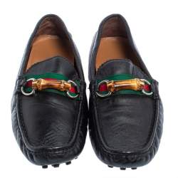 Pre Owned Gucci Black Leather Bamboo Horsebit Slip On Loafers Size 43