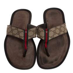 Pre Owned Gucci Beige/Brown GG Supreme Canvas Web Thong Flats Size 44