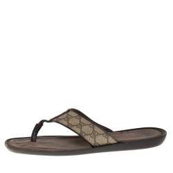 Pre Owned Gucci Beige/Brown GG Supreme Canvas Web Thong Flats Size 44