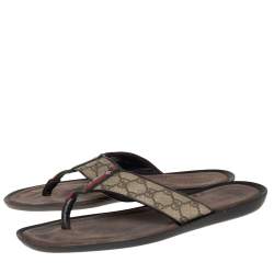Pre Owned Gucci Beige/Brown GG Supreme Canvas Web Thong Flats Size 44