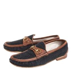 Pre Owned Gucci Blue/Brown Canvas And Leather 1955 Horsebit Slip On Loafers Size 43