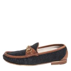 Pre Owned Gucci Blue/Brown Canvas And Leather 1955 Horsebit Slip On Loafers Size 43