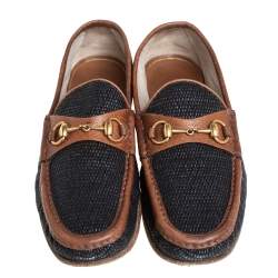 Pre Owned Gucci Blue/Brown Canvas And Leather 1955 Horsebit Slip On Loafers Size 43