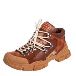 Pre Owned Gucci Brown Suede And Leather Flashtrek Low Top Sneakers Size 42