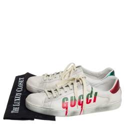 Pre Owned Gucci White Leather New Ace Logo Print Sneakers Size 42.5