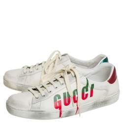 Pre Owned Gucci White Leather New Ace Logo Print Sneakers Size 42.5