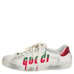 Pre Owned Gucci White Leather New Ace Logo Print Sneakers Size 42.5