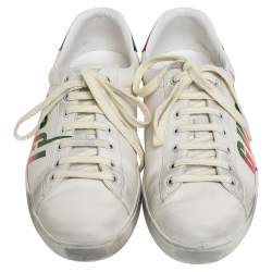 Pre Owned Gucci White Leather New Ace Logo Print Sneakers Size 42.5