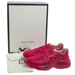 Pre Owned Gucci Pink Leather Rhyton Logo Print Low Top Sneakers Size 42