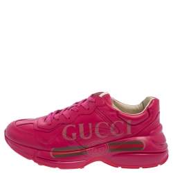 Pre Owned Gucci Pink Leather Rhyton Logo Print Low Top Sneakers Size 42