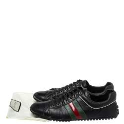 Pre Owned Gucci Black Leather Perforated Detail Web Low Top Sneakers Size 42