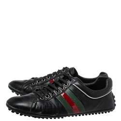 Pre Owned Gucci Black Leather Perforated Detail Web Low Top Sneakers Size 42