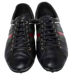 Pre Owned Gucci Black Leather Perforated Detail Web Low Top Sneakers Size 42