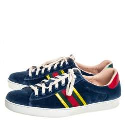 Pre Owned Gucci Blue Velvet And Leather Web Ace Sneakers Size 45