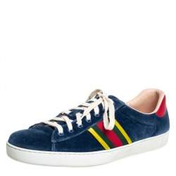 Pre Owned Gucci Blue Velvet And Leather Web Ace Sneakers Size 45