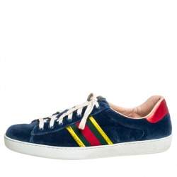 Pre Owned Gucci Blue Velvet And Leather Web Ace Sneakers Size 45