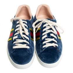 Pre Owned Gucci Blue Velvet And Leather Web Ace Sneakers Size 45