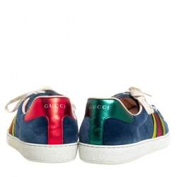 Pre Owned Gucci Blue Velvet And Leather Web Ace Sneakers Size 45