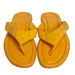 Pre Owned Gucci Yellow Diamante Leather And Fabric Thong Flats Size 43