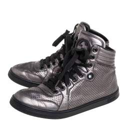 Gucci Metallic Grey Leather High-Top Sneakers Size 37