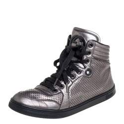 Gucci Metallic Grey Leather High-Top Sneakers Size 37