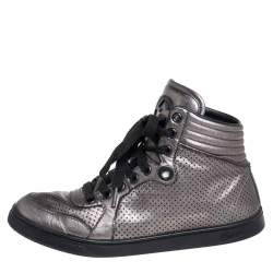 Gucci Metallic Grey Leather High-Top Sneakers Size 37