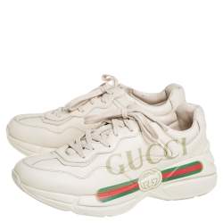 Gucci  Off White Leather Rhyton Gucci Logo Low Top Sneakers Size 41