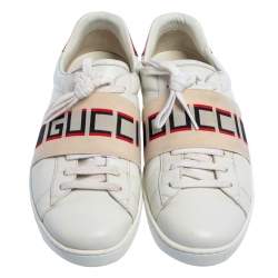 Pre Owned Gucci White/Red Leather Ace Gucci Band Low Top Sneakers Size 42.5
