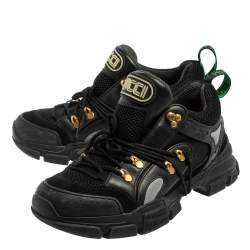 Pre Owned حذاء رياضي غوتشي فلاشتريك شبك وجلد أسود منخفض من أعلى مقاس 42.5