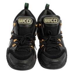 Pre Owned حذاء رياضي غوتشي فلاشتريك شبك وجلد أسود منخفض من أعلى مقاس 42.5