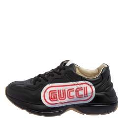 Gucci Black Leather Rhyton Logo Low Top Sneakers Size 39.5