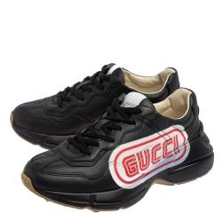 Gucci Black Leather Rhyton Logo Low Top Sneakers Size 39.5