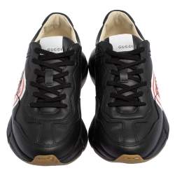 Gucci Black Leather Rhyton Logo Low Top Sneakers Size 39.5