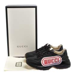 Gucci Black Leather Rhyton Logo Low Top Sneakers Size 39.5