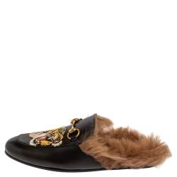 Pre Owned Gucci Black Tiger Embroidered Leather And Fur Princetown Horsebit Mules Size 40