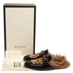 Pre Owned Gucci Black Tiger Embroidered Leather And Fur Princetown Horsebit Mules Size 40