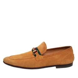 Gucci Yellow Suede Horsebit Web Slip On Loafers Size 41.5
