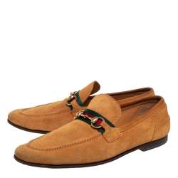 Gucci Yellow Suede Horsebit Web Slip On Loafers Size 41.5