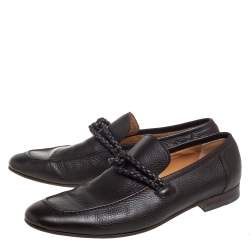 Pre Owned Gucci Brown Leather Braided Trim Loafers Size 42.5