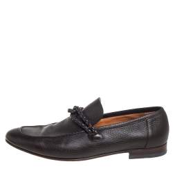 Pre Owned Gucci Brown Leather Braided Trim Loafers Size 42.5