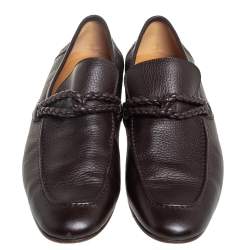 Pre Owned Gucci Brown Leather Braided Trim Loafers Size 42.5
