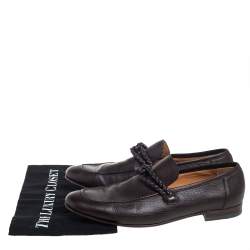 Pre Owned Gucci Brown Leather Braided Trim Loafers Size 42.5