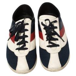 Pre Owned Gucci White/Blue Mesh And Leather Falacer Low Top Sneakers Size 44