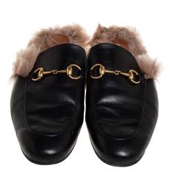 مملوكة مسبقًا Gucci Black Leather And Fur Princetown Mules Size 44.5