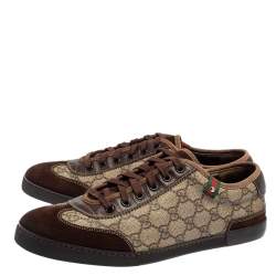مملوكة مسبقًا Gucci Brown/Beige GG Coated Canvas and Suede Low Top Sneakers Size 42.5