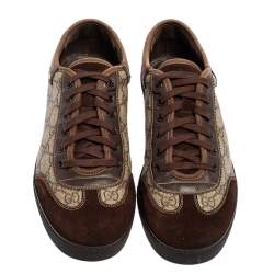 مملوكة مسبقًا Gucci Brown/Beige GG Coated Canvas and Suede Low Top Sneakers Size 42.5