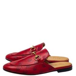 Gucci Red GG Ghost Print Leather Princetown Horsebit Mules Size 41.5