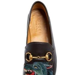 Gucci Dark Brown Leather Brixton Wolf Applique Horsebit Loafers Size 40