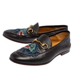 Gucci Dark Brown Leather Brixton Wolf Applique Horsebit Loafers Size 40