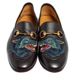 Gucci Dark Brown Leather Brixton Wolf Applique Horsebit Loafers Size 40